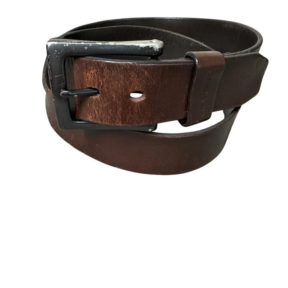 Carhartt Mens Brown Leather Work Belt Single Prong Metal Buckle Size 42 44